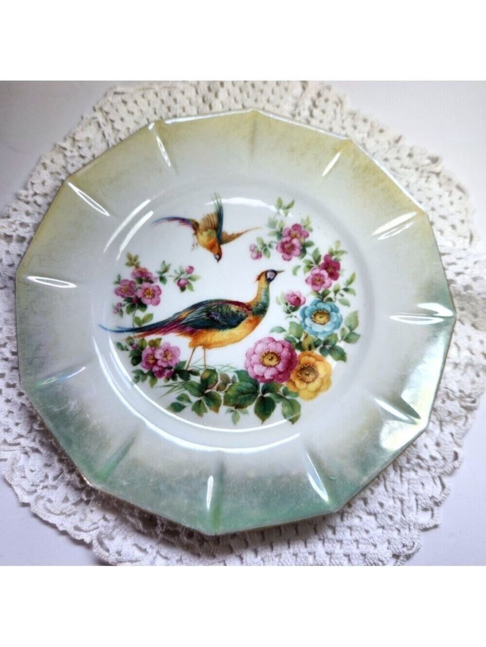 Bird of Paradise Pheasant Plate Made in Germany 7.5" Diameter 12 Sided Floral